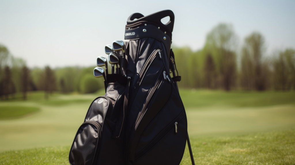 A clean golf bag sitting on a green fairway on a sunny day