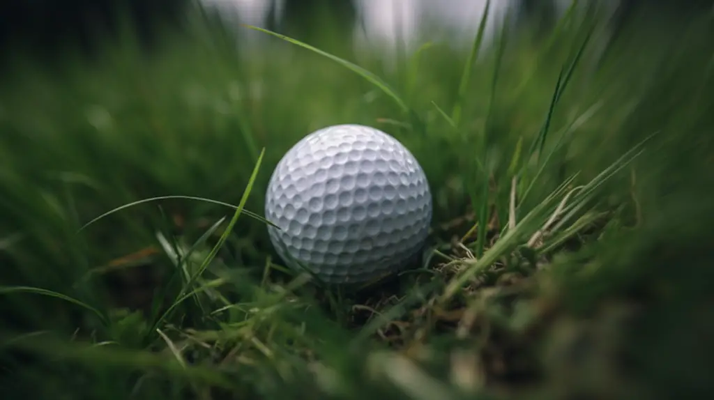 A close up of a golf ball in green lush grass