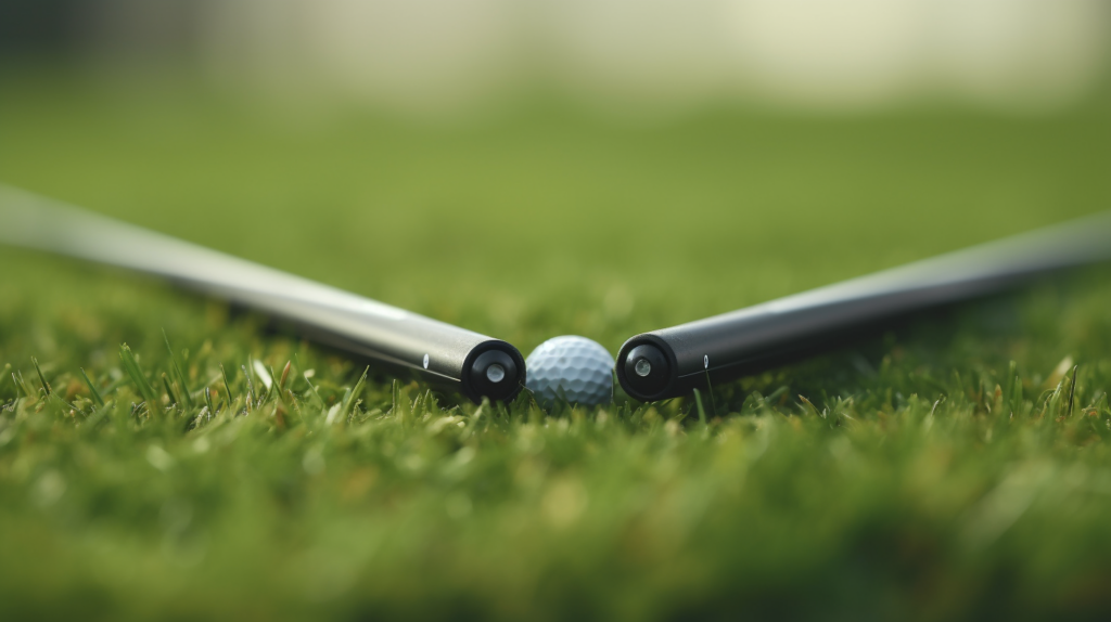 A close up of two golf alignment sticks lying on a perfectly manicured fairway
