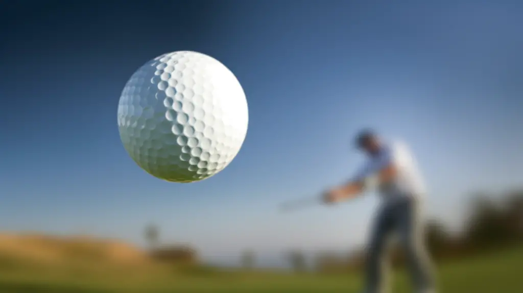 A golf ball mid air with a golfer swinging their club in the background
