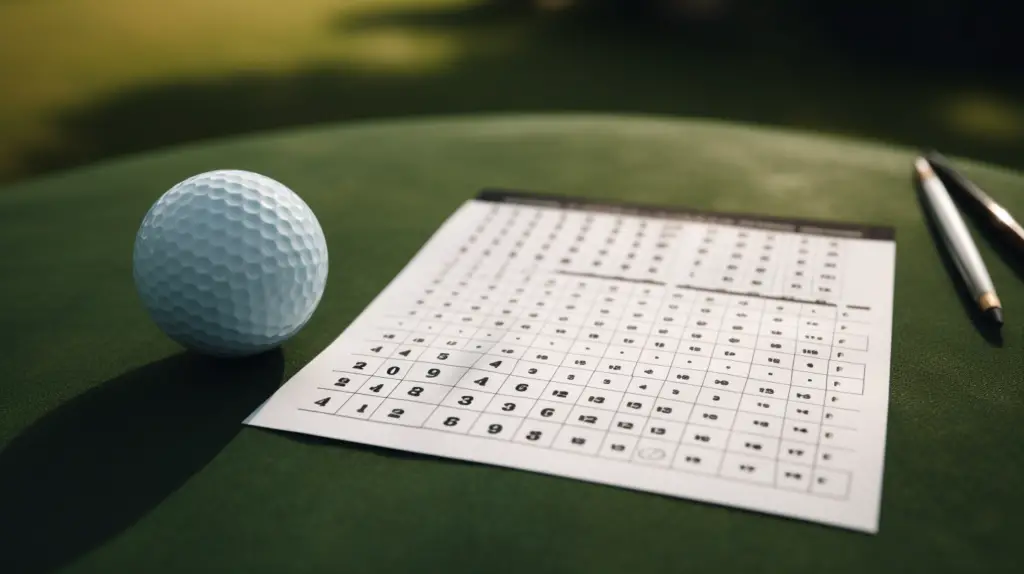 A golf scorecard sitting on a green golf course with a golf ball
