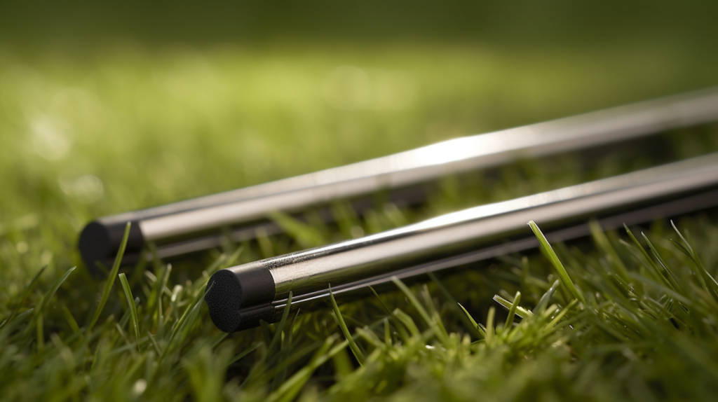 Two golf alignment sticks on the green grass