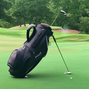 a black golf bag with a golf club