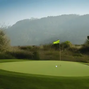 a golf course with a light green flag sign