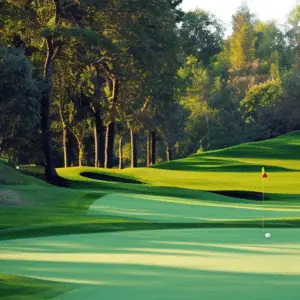 a golf course with big trees around it