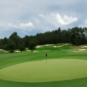 a golf field with a black flag sign