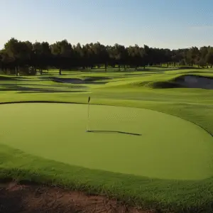 a green golf course with a beautiful view
