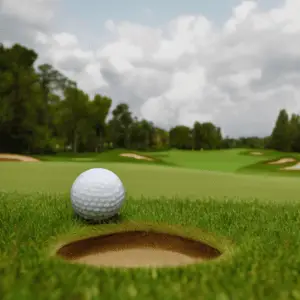 a kirkland golf ball on the edge of hole