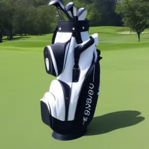 multiple golf clubs in a white bag