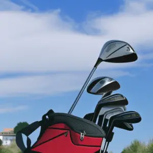 various iron clubs in a red bag