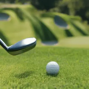 A close-up of a golf club that is ready to strike the ball