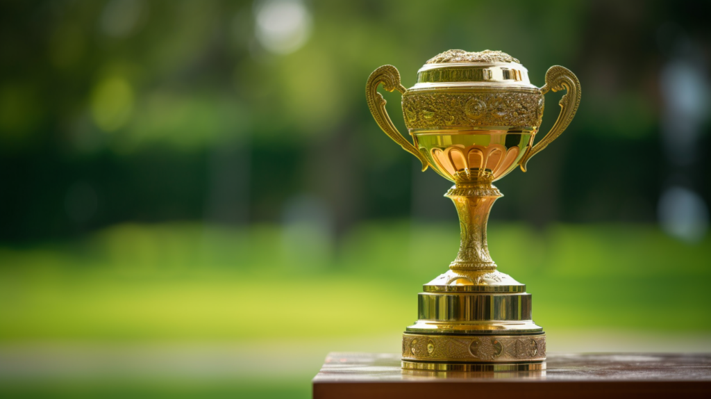 A golden golf championship trophy sitting on a lush green golf course