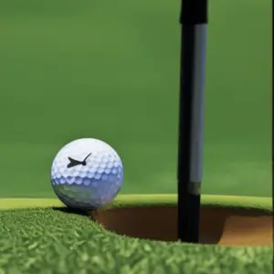 A golf ball on the edge of the hole on a green putting surface