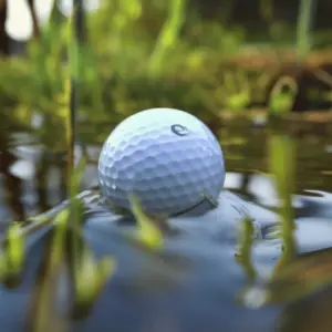 A golf ball partially submerged in water