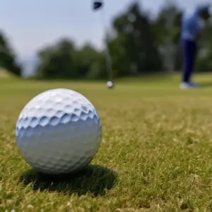  A golf ball resting on a patch of short green grass with golfer seen from the distance