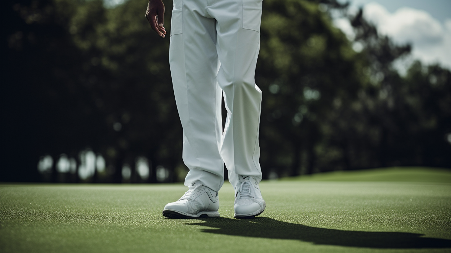 A golf caddy wearing white pants and shoes