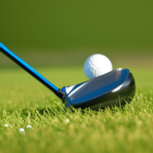 A golf club about to hit a small white golf ball on a green grassy surface.
