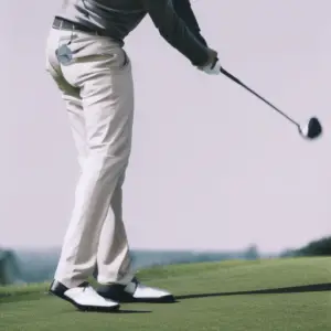 A golfer in mid-swing, standing on a lush green golf course.