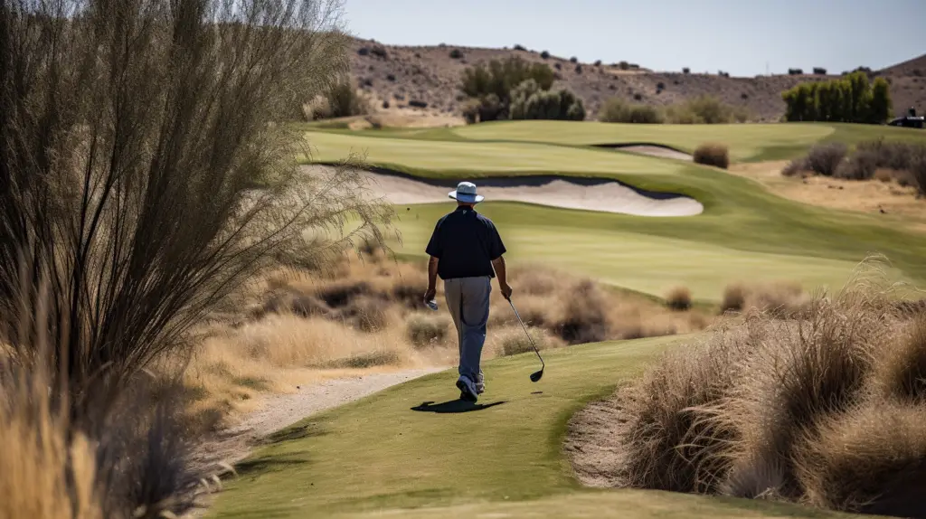 A golfer strolling around the golf course