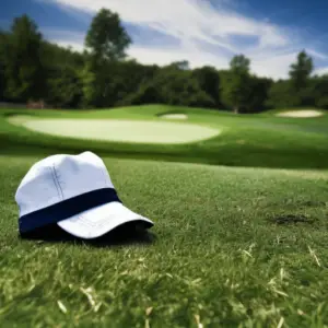 A golfer's hat in the grassy field