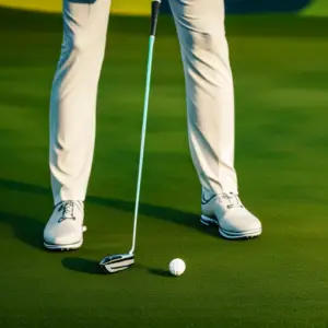 A male golfer holding a golf club preparing to hit the golf ball