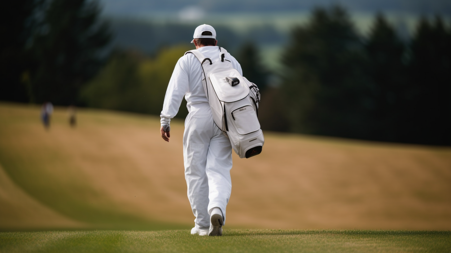 A young golf caddie in a white jumpsuit walks down the fairway