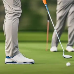 Close-up image of a golfer standing next to a white golf ball on the green grass