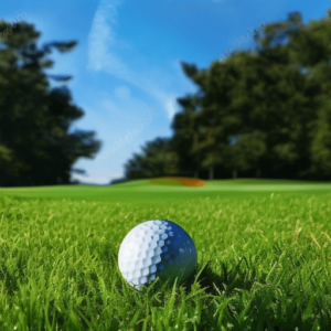 Close-up of a golf ball lying in thick, green grass on a golf course fairway.