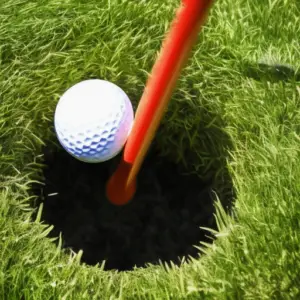 Close-up of a golf ball sitting inside the hole on a green golf course.