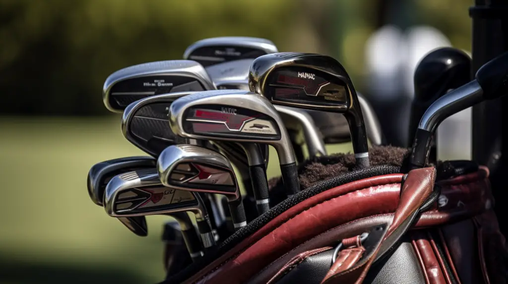 Close up of golf clubs neatly arranged in a golf bag