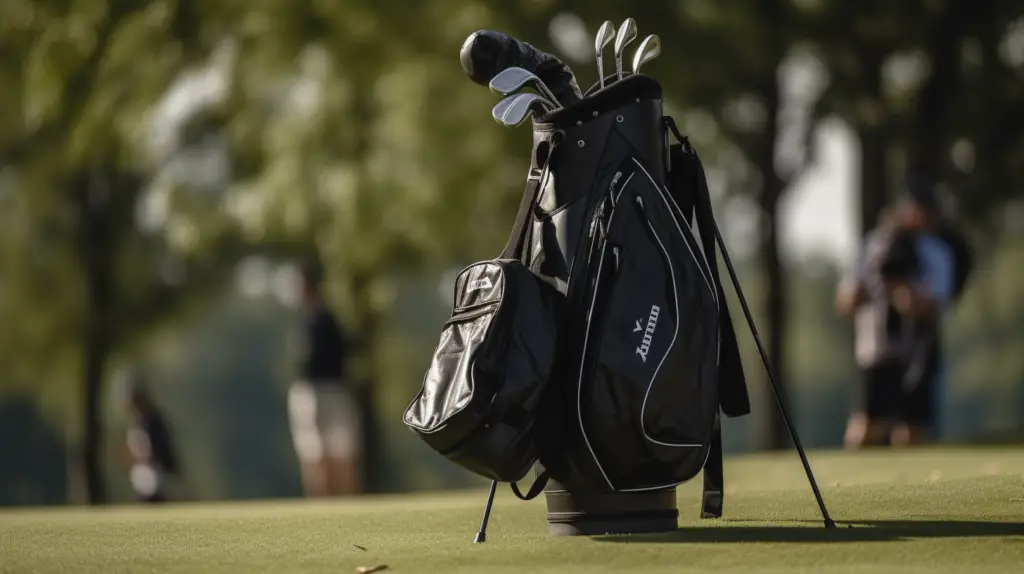 Golf bag standing on a manicured fairway