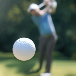 Golf ball mid-flight with a golfer blurred in the background