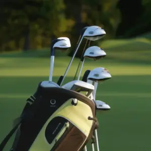 a golf bag with various clubs