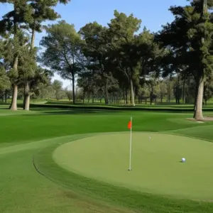 a golf ball near a red flag sign on course