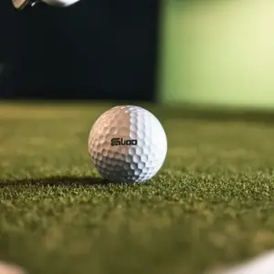 a golf ball on artificial grass in the livingroom