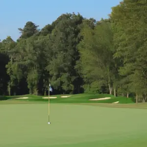 a golf course with a flag sign