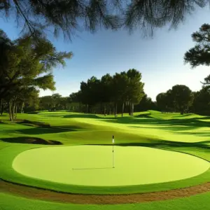 a golf course with a green round fairway