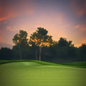a golf course with beautiful sunset