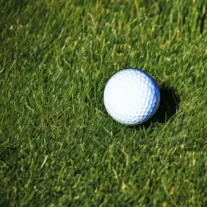 a white dimpled ball on artificial grass