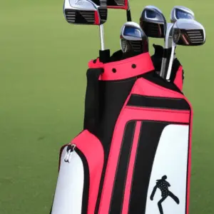 various golf clubs in a red and white bag