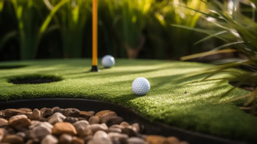 A close up of a golf ball in a backyard mini golf course