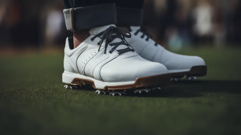 A close up of a golfer wearing soft spikes golf shoes