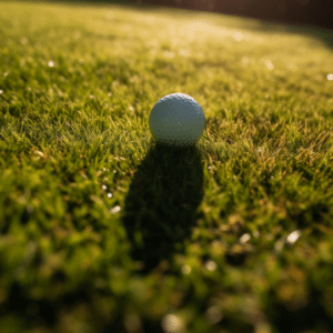 A golf ball on a green grass field with the sunlight casting shadows on the ground