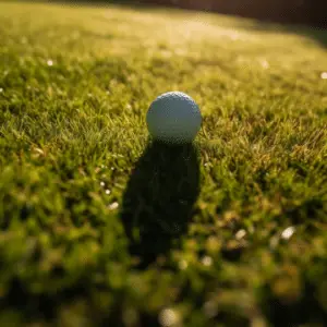 A golf ball on a green grass field with the sunlight casting shadows on the ground