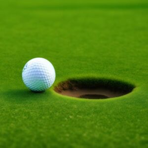 A golf ball resting near the edge of a hole on a green golf course