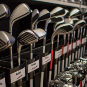 A golf club store, displaying a variety of golf clubs and accessories.