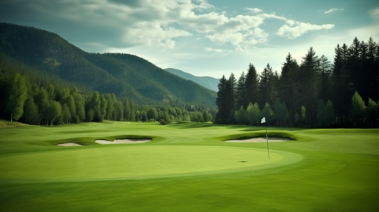 A golf course featuring lush greens and a backdrop of majestic mountains