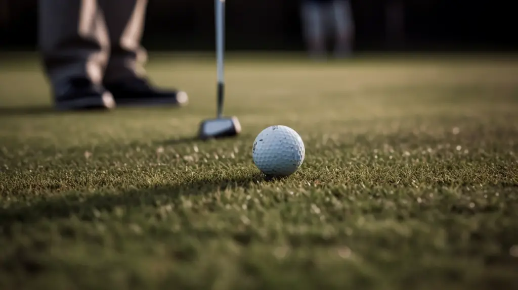 A golfer in stance with a golf ball in the foreground
