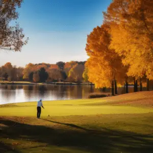 A golfer playing golf on a green course, surrounded by tall trees, with a beautiful lake visible in the background.