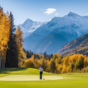 A golfer stands on a green fairway, with a backdrop of majestic mountains.
